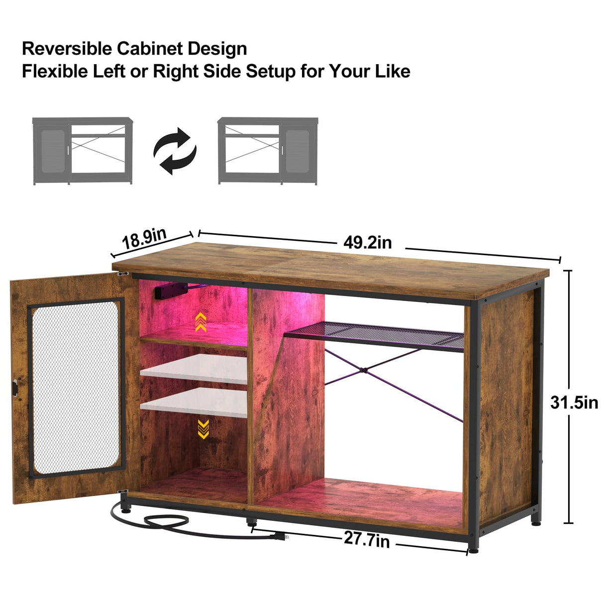 Hyomdeck 55-75 Gallon Fish Tank Stand with Power Outlets & LED Light, Reversible Heavy Duty Metal Aquarium Stand with Cabinet for Fish Tank Accessories Storage, Turtle/Reptile Terrariums, Rustic Hyomdeck