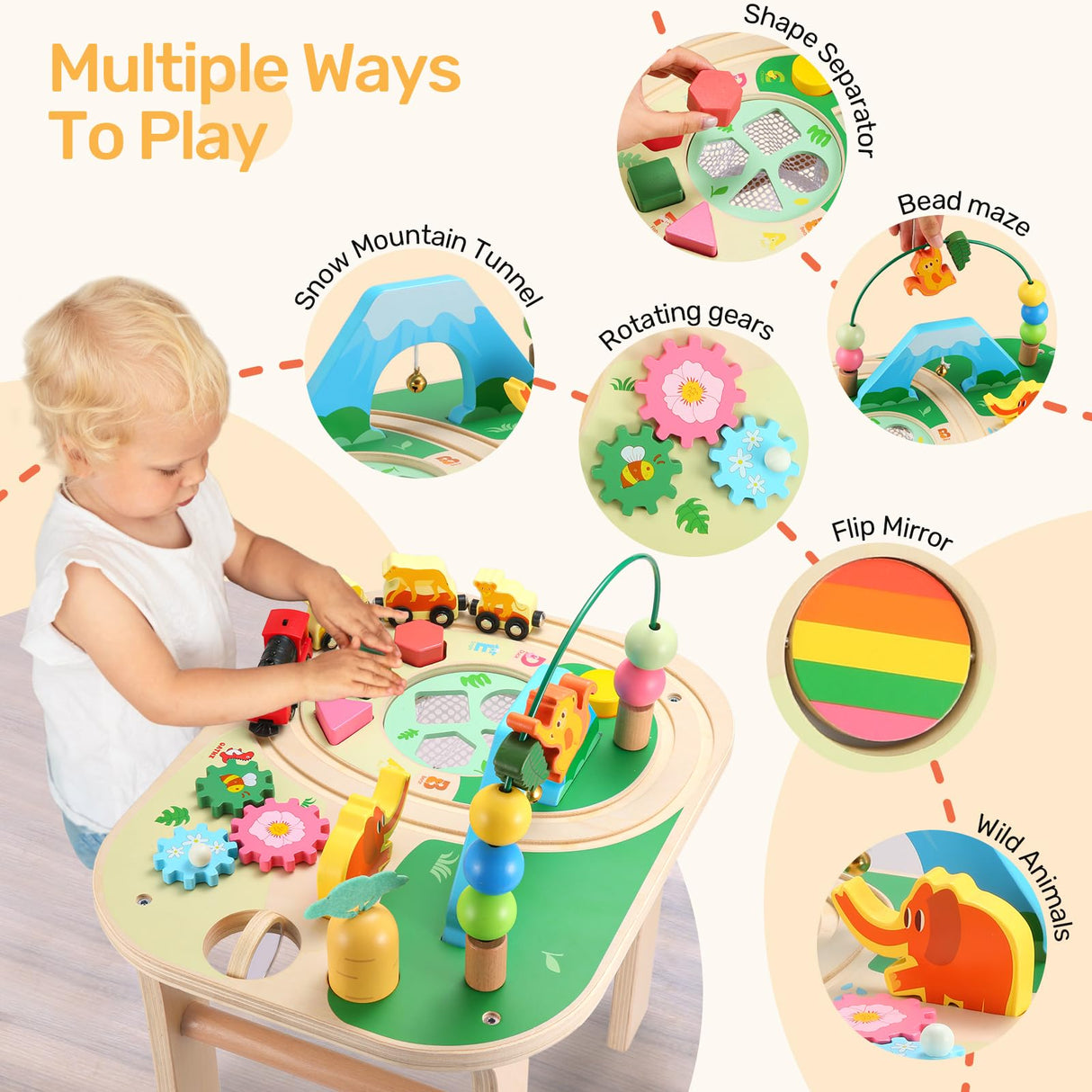 oathx Activity Table for 1+ Year Old, 9 in 1 Wooden Montessori Toys with Bead Maze Shape Sorter Flip Mirror Train Toy, Baby Sensory Play Table Toddler Toys 1st Birthday Gifts for Girls Boys Kids oathx