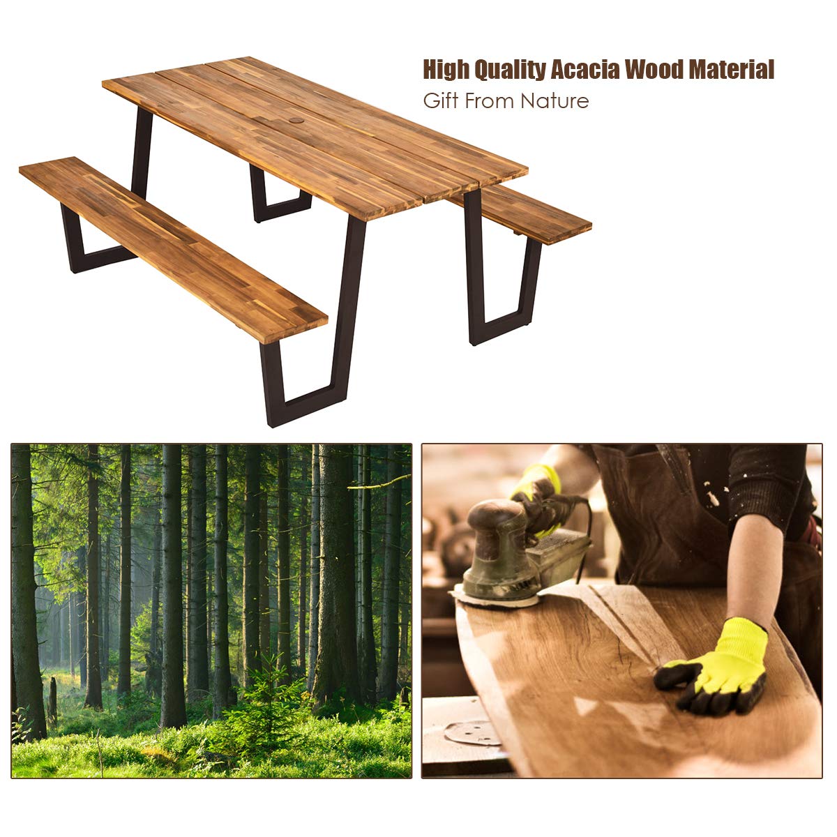 Giantex Picnic Table Bench Set with Umbrella Hole, Outdoor Dining Table Set, 70'' Acacia Wood Picnic Beer Table with Metal Frame Patented Giantex