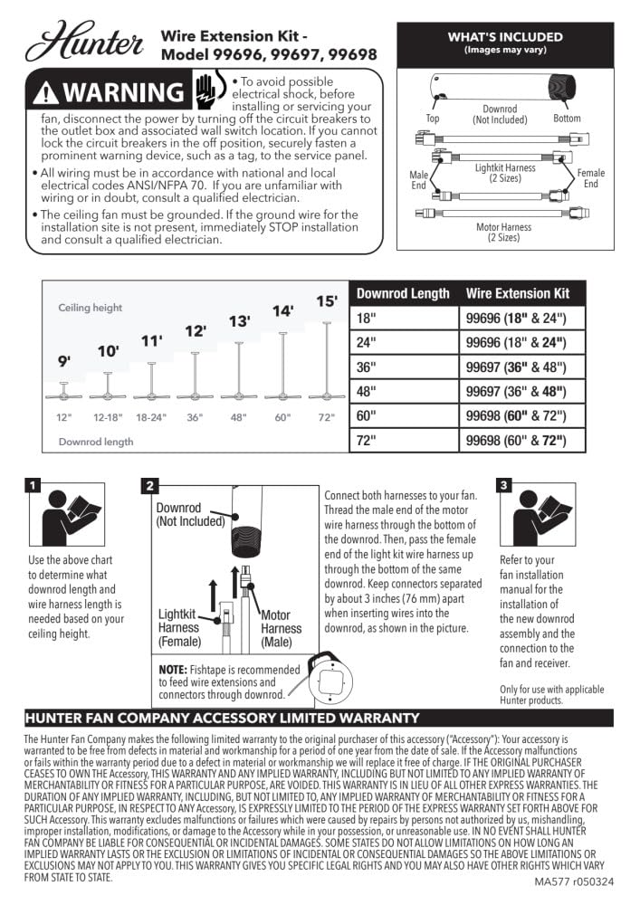 Hunter 36-48 inch DC Accessory Extension Wire Kit for Ceiling Fans - 99697 Hunter