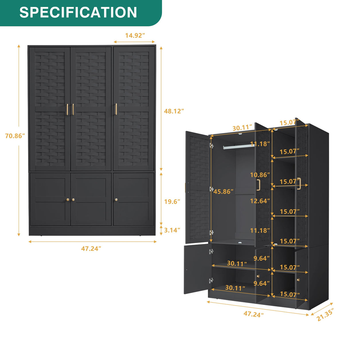 LEVNARY Black Wardrobe Closet with 3 Woven Doors, Large Armoire Wardrobe Cabinet with Adjustable Shelves and Hanging Rail, Freestanding Tall Bedroom Closet with Drawers for Clothes (Black) LEVNARY