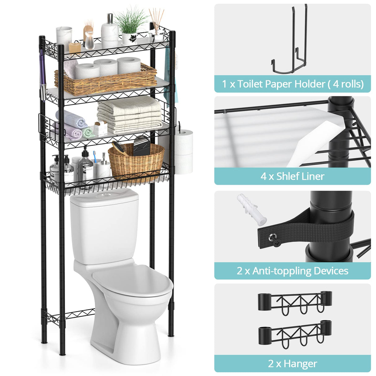 Hodonas Over Toilet Bathroom Organizer, 4-Tier Over The Toilet Storage Shelf Bathroom Shelves, Above Toilet Storage Rack Bathroom Space Saver, Black Hodonas