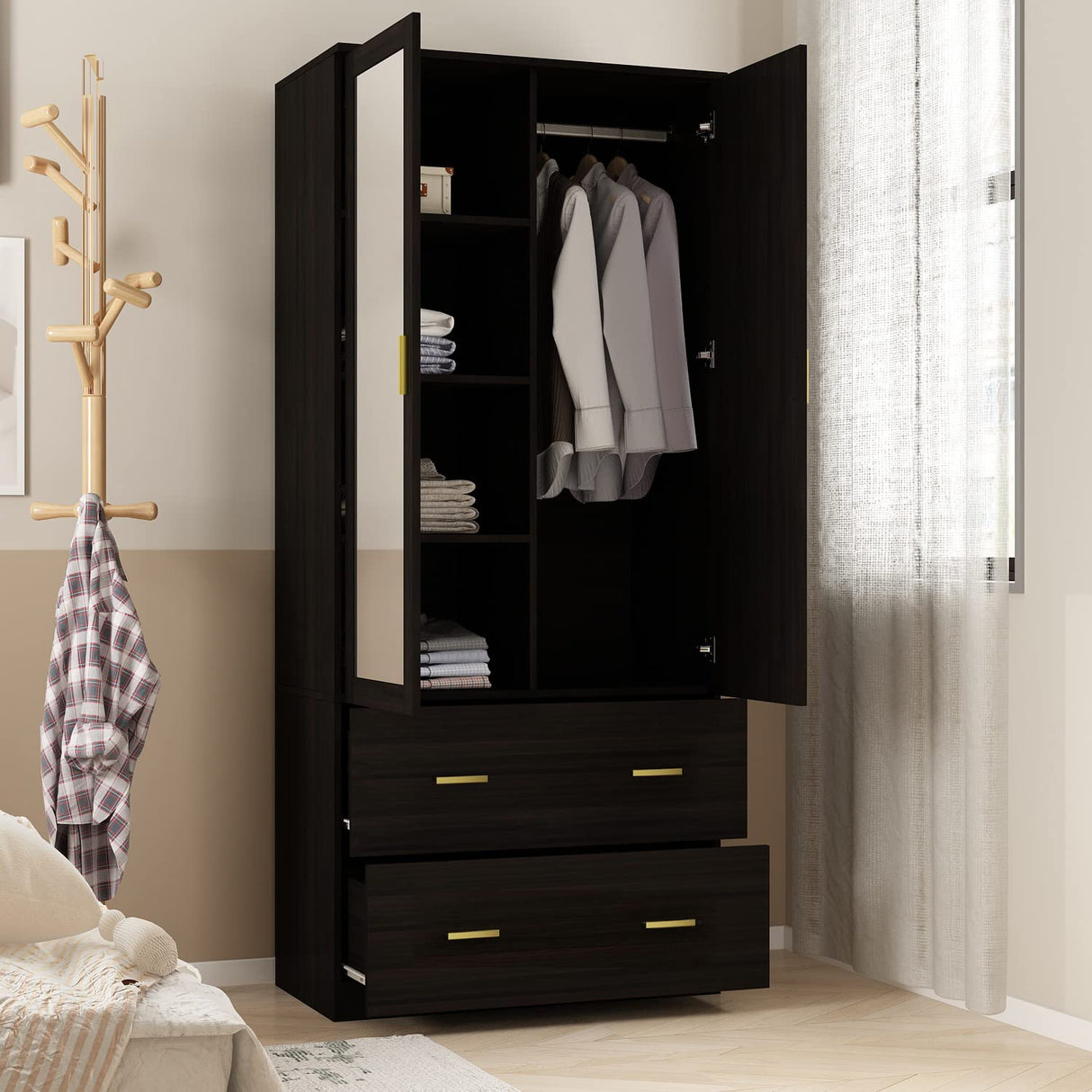 AIEGLE 2 Doors Wardrobe Armoire with Drawer, Freestanding Armoire Wardrobe Closet with Hanging Rod, Bedroom Wood Clothes Storage Cabinet Organizer in White (31.5" W x 18.9" D x 66.9" H) AIEGLE