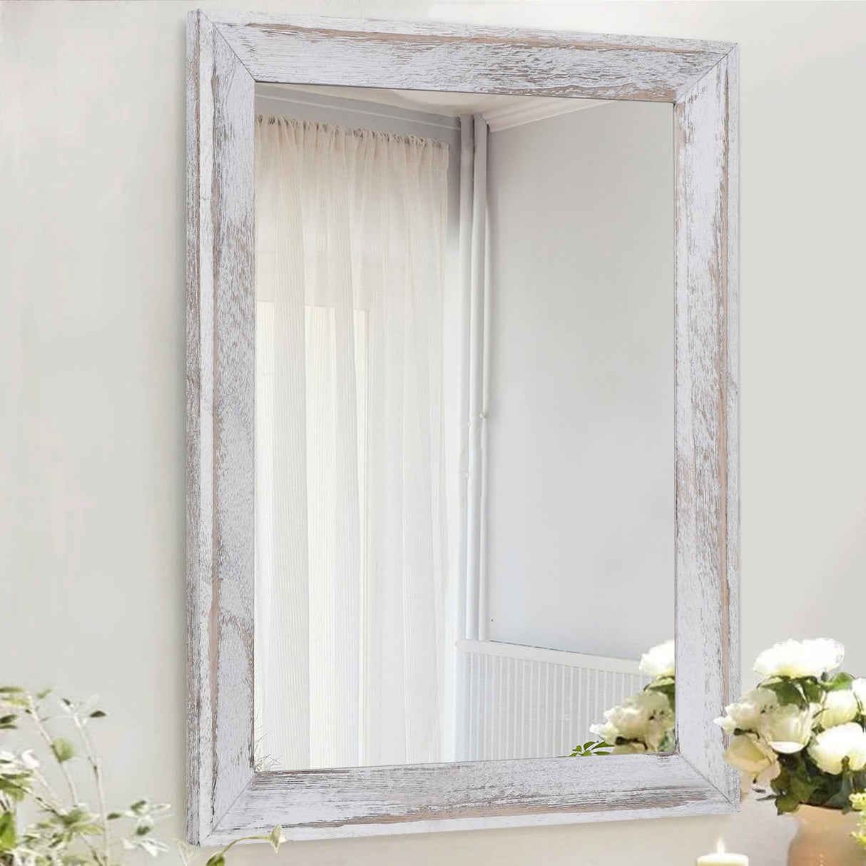 AAZZKANG Mirrors for Wall Rustic Wood Framed Mirror Decorative Farmhouse Bedroom Bathroom Hanging Mirror Wall Decor Rectangle White AAZZKANG