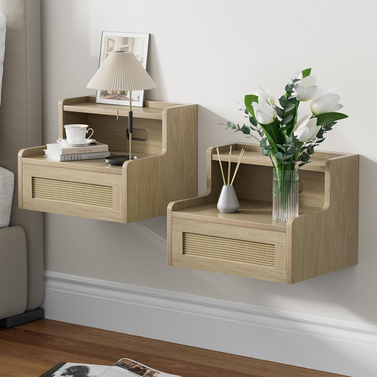 Giluta Floating Nightstand Set of 2 with Drawer & Open Shelf, Small Bedside Table Floating Night Stand for Bedroom Wood Wall Mounted Nightstands Giluta