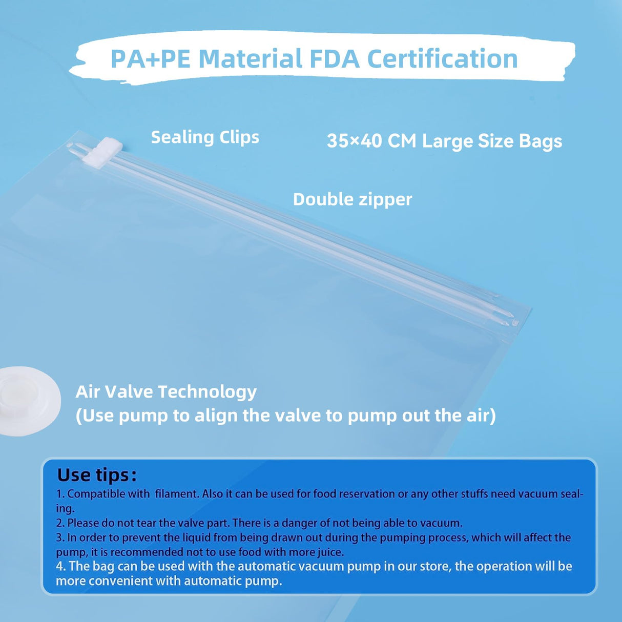 3D Printer Filament Storage Vacuum Bags Kit-Reusable Bag ×10 Pack 35 * 40cm with 10 Desiccants /10 Humidity Card /10 Clips/1 Hand Pump,DustProof and Humidity Resistant for Keep Filament Clean & Dry FugaCity