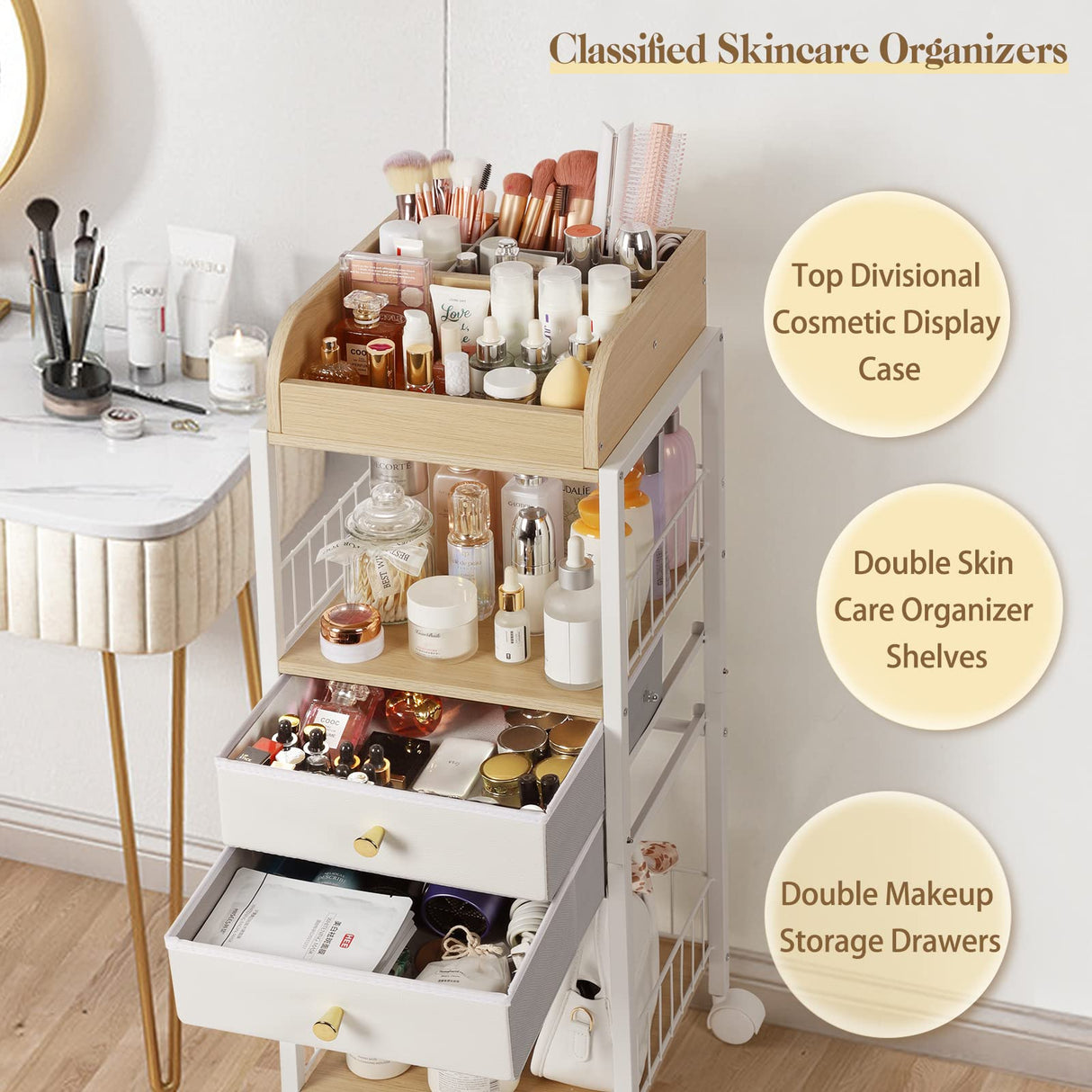 Makeup Organizer, Floor Skincare Organizers, Make Up Organizers and Storage with Drawers, Vanity Organizer Cosmetics Display Cases Holder for Skin Care Nail Polish Perfume Makeup brush Hair Tool SOLIMINTR
