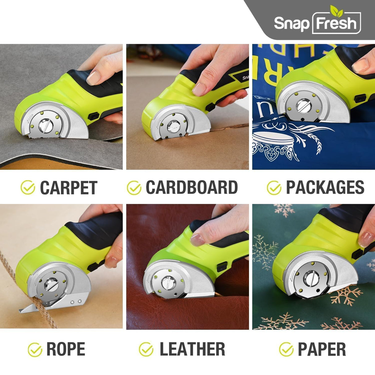 SnapFresh Cordless Electric Scissors, 4V Electric Mini Box Cutter, Carpet & Cardboard Cutter Tool with a Replacement Blade/Charger, Rotary Cutter for Cardboard Packages Leather Plastic (Green) SnapFresh