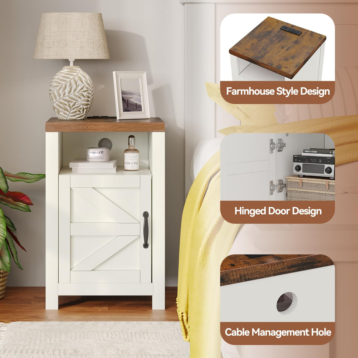 MXV Farmhouse Nightstands with Charging Station, End Tables Set of 2 with Barn Door, Sofa Side Table with Storage Space for Bedroom, Living Room (White) MXV