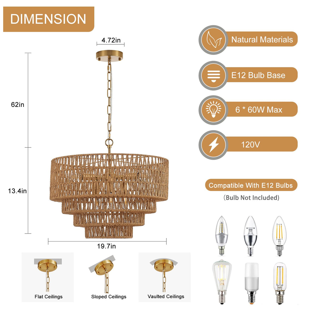 YOMECOO 19.7" Hand-Woven Rattan 6-Light Farmhouse Boho Bamboo Chandelier Light Fixture Retro Drum Wicker Golden Chandelier for Dining Room, Kitchen, E12 YOMECOO