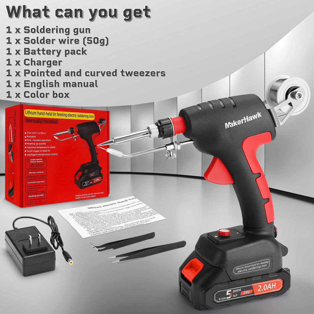 Cordless Soldering Iron Welding Kit - 60W 200-450℃ Adjustable Temperature One-handed Welding Iron With 20V Battery Automatic Soldering Gun Solder Tools for Electronic Repair Soldering Circuit Board MakerHawk