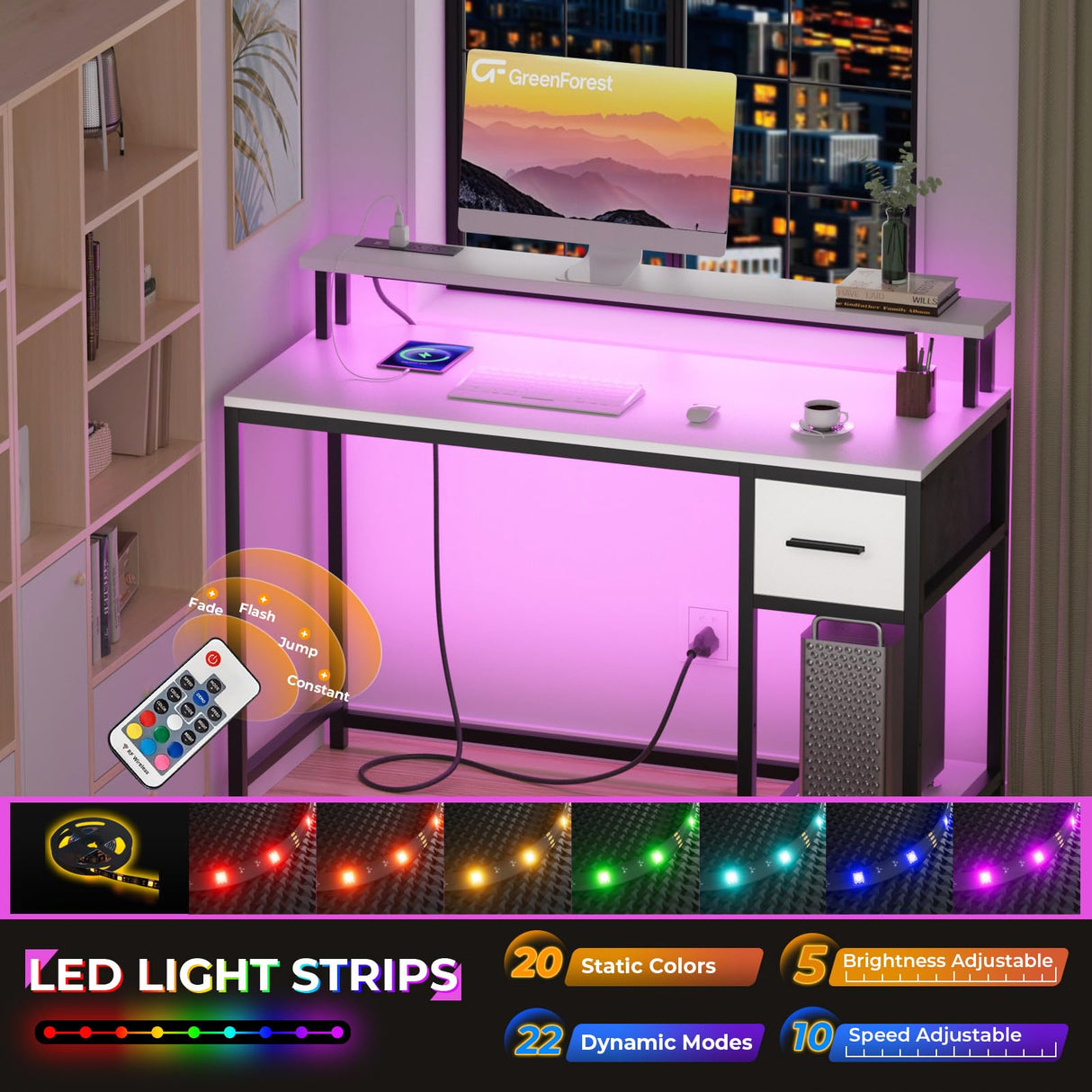 GreenForest White Computer Desk 47 Inch with LED Lights and Monitor Stand, Office Desk with Drawer for Small Spaces, Gaming Desk with Power Outlets and Shelf GreenForest