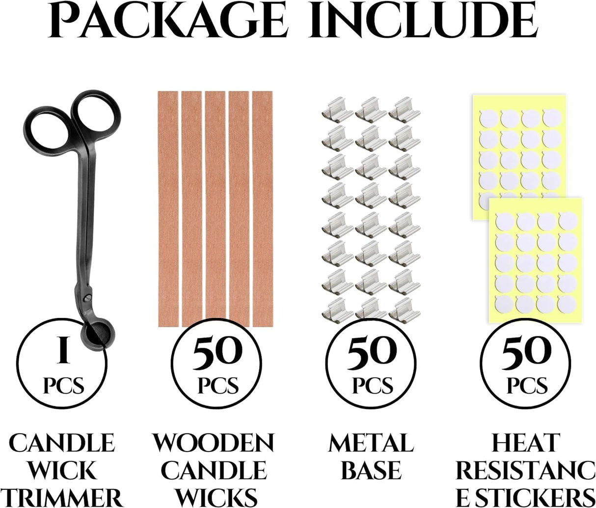 151PCS Wicks Candle Making Set – Wooden Wicks with Metal Base for Candle Making Smokeless with Black Trimmer and Stickers (Black) YARRD