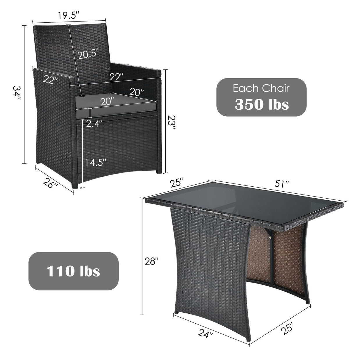 DORTALA 3 Pieces Patio Dining Set, Outdoor Rattan Bistro Set with Cushions, Tempered Glass Tabletop, Wicker Conversation Set for Garden Backyard Poolside Porch, Grey DORTALA