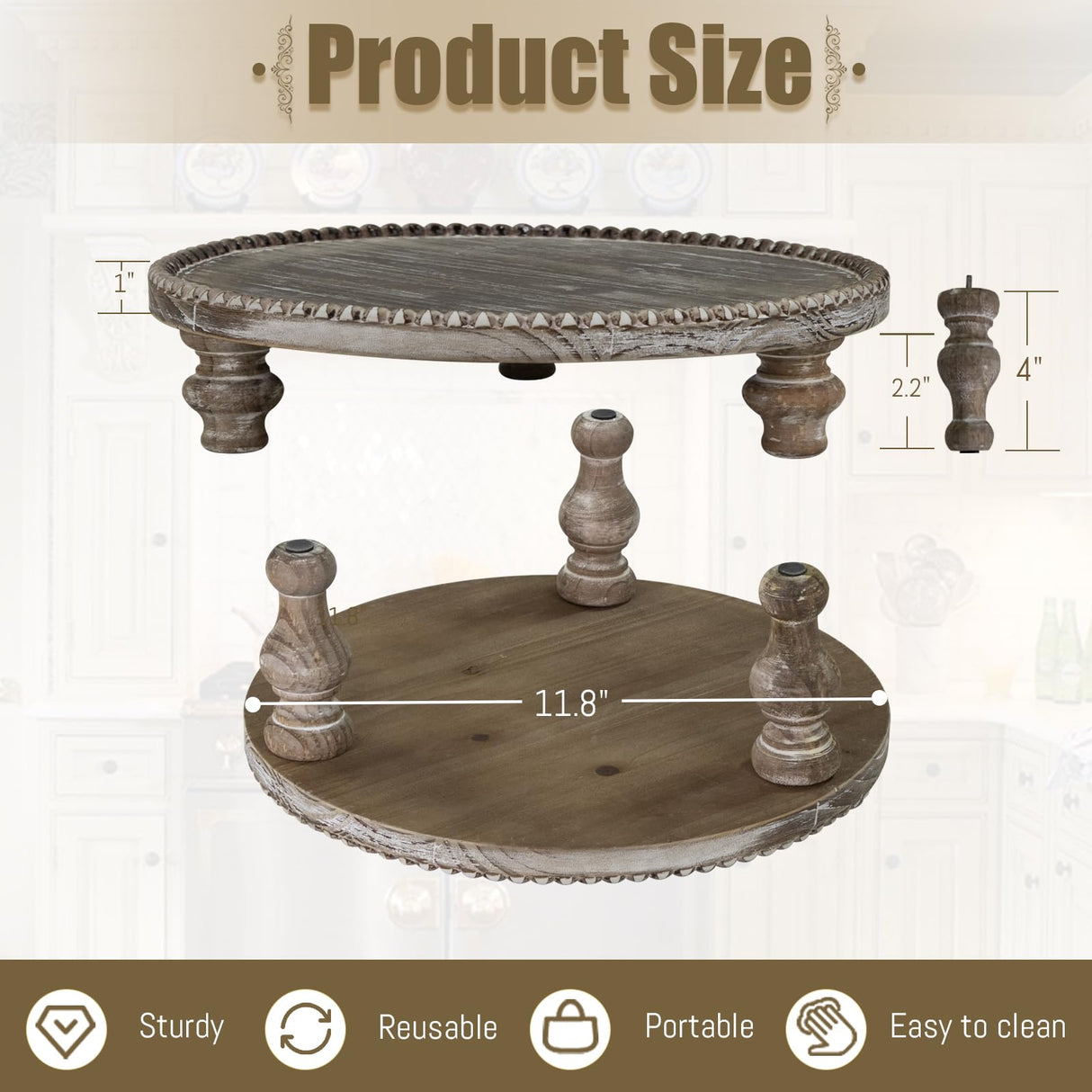 MAONAME Farmhouse Wood Riser for Display, Decorative Pedestal Stand for Kitchen Counter, Rustic Round Beaded Wooden Display Tray for Home Decor, Short and Tall Footed, 11.87 Inch MAONAME