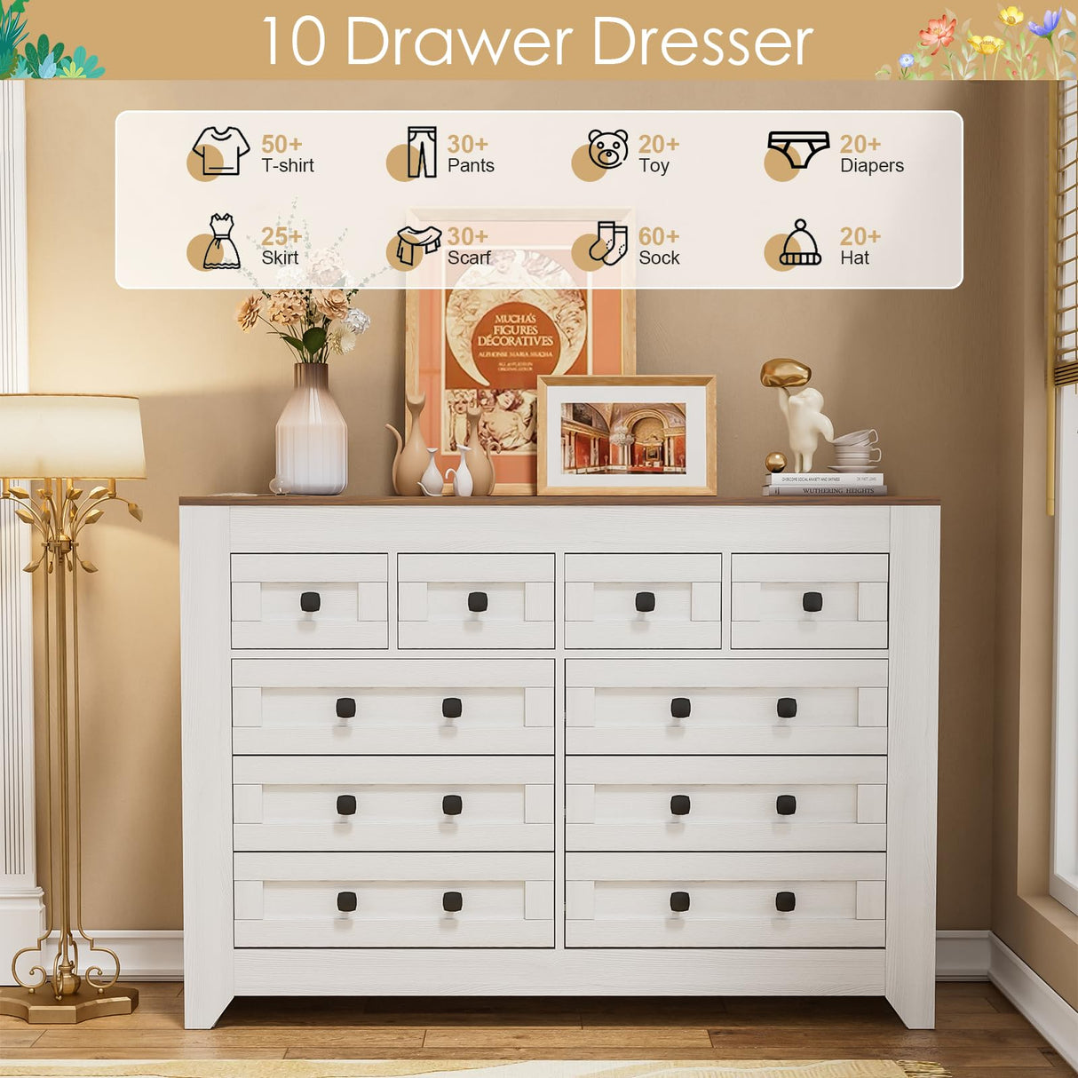 PAKASEPT 10 Drawers Dresser, Farmhouse Dresser for Bedroom, Wood Dressers & Chests of Drawers White Dresser Closet Organizers for Bedroom,Hallway PAKASEPT