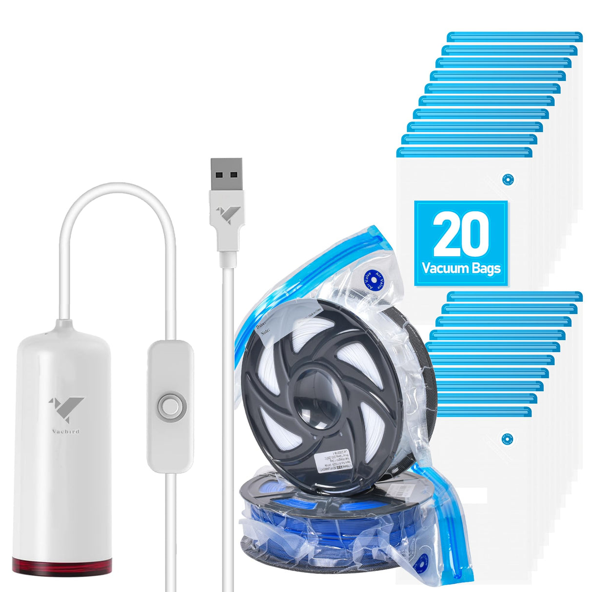 Vacbird 3D Filament Vacuum Storage Bags Kit with USB Pump, 20 Pcs Storage Bags for 3D Printer Filament, Compression Storage Bags Keep Filament Dry Vacbird