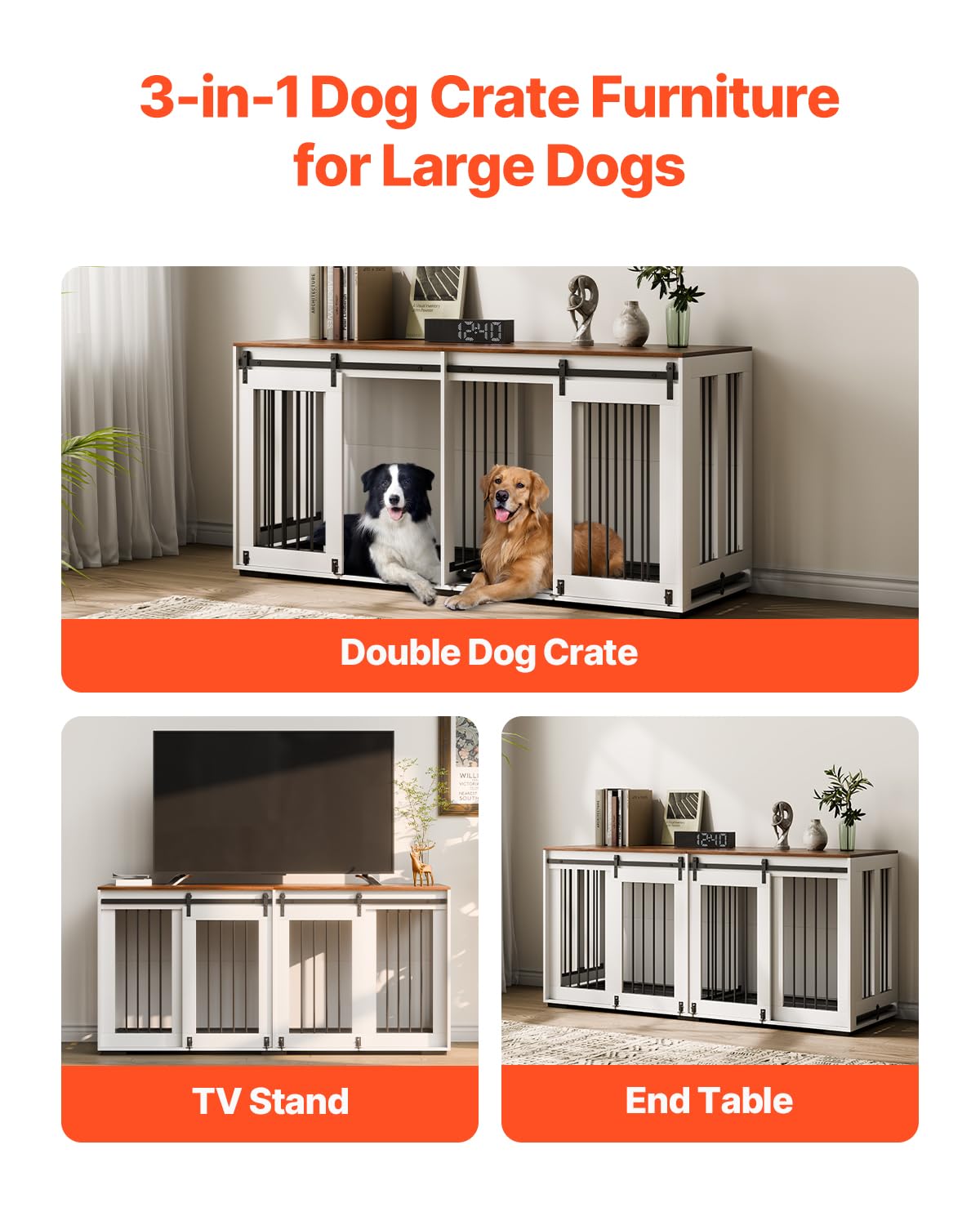 VEVOR 72"Dog Crate Furniture for 2 Dogs,Double Dog Crate Furniture with Double Sliding Doors,Large Dog Crate TV Stand with Removable Tray,Steel Frame Double Dog Crate for Small,Medium,Large Dogs White VEVOR