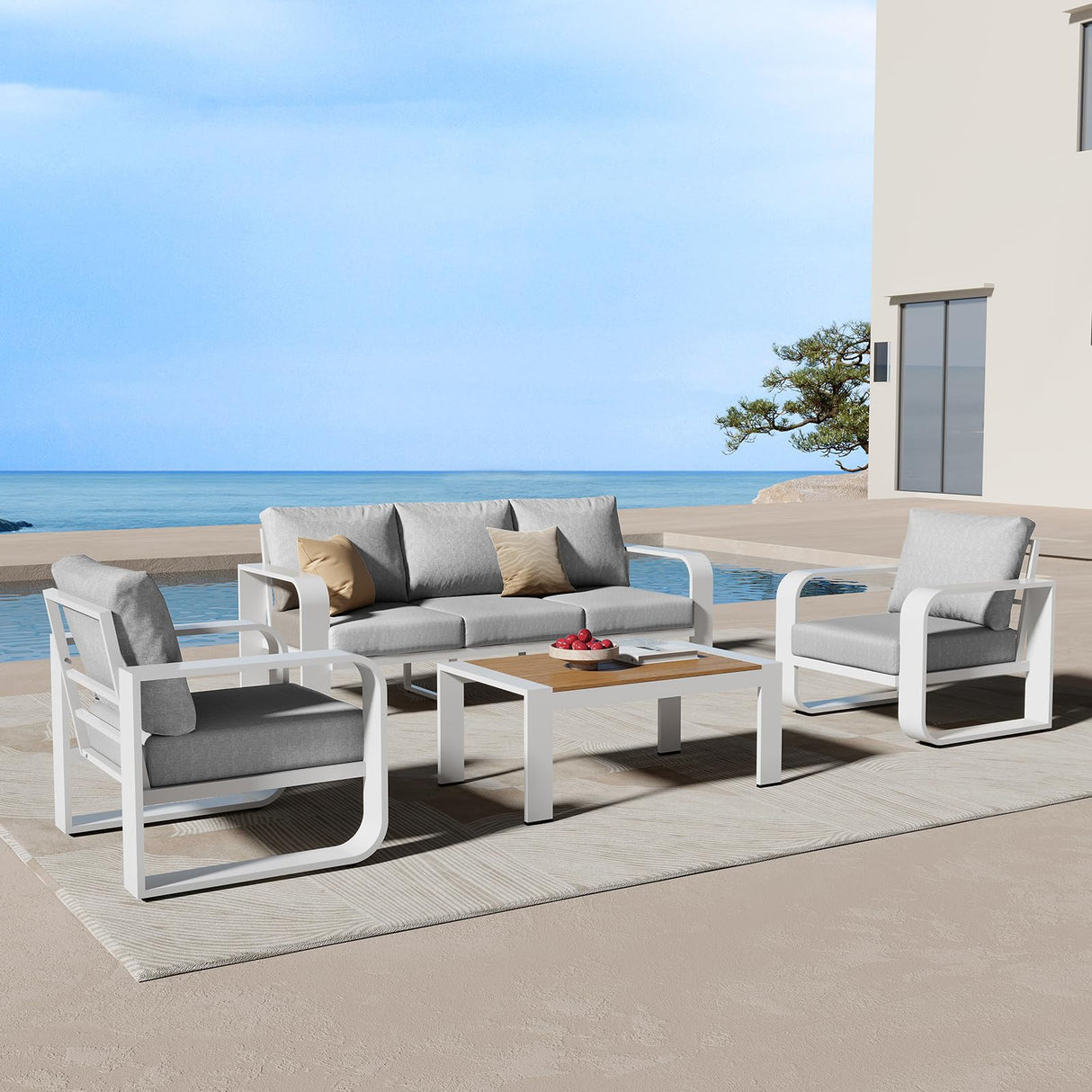 Oasbira Aluminum Outdoor Patio Furniture Set 4 Piece, Oversized Patio Conversation Sets Widened Armrest & Ultra-Thick Cushions, Deep Seating Modern Sectional Furniture for Backyard, Porch, White Oasbira