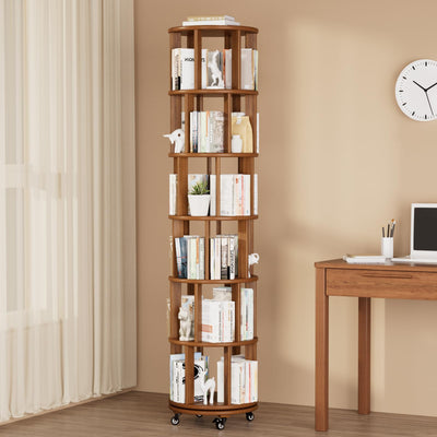Azlafu Rotating Bookshelf Tower with Wheels, 6 Tier Walnut Wood Round Spinning Bookshelf Tower, 360° Revolving Bookcase Rolling for Kids Adult, Rotation Book Shelf for Bedroom, Living, Office, Corner