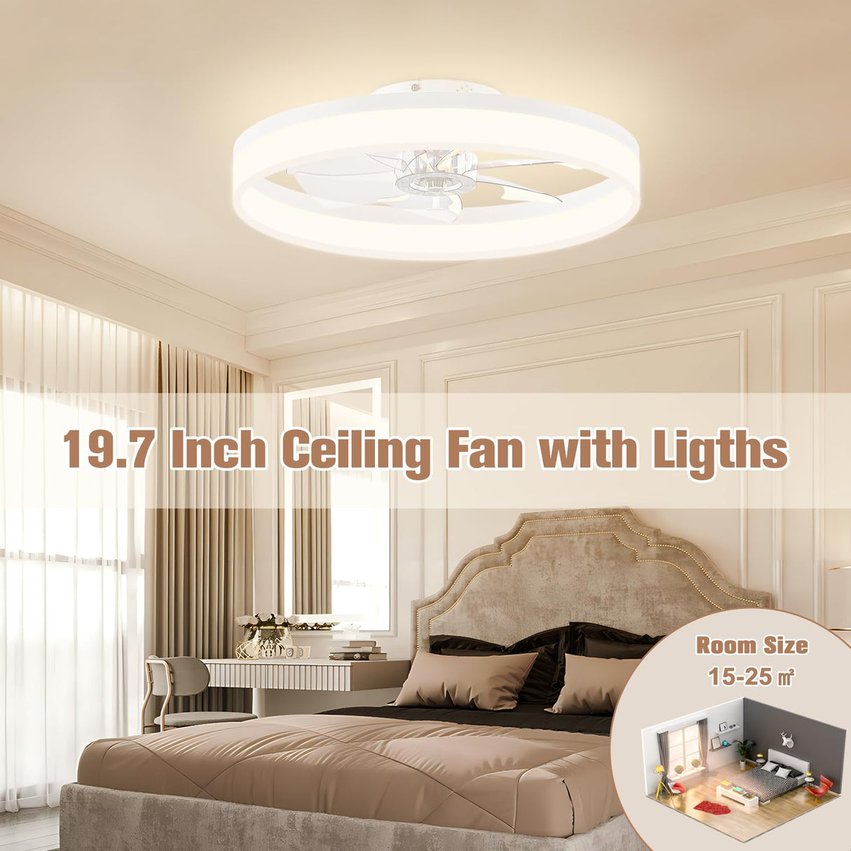 VOLISUN Low Profile Ceiling Fans with Lights and Remote, 19.7in Fandelier Ceiling Fan Flush Mount, 3000K-6500K Smart Bladeless LED Fan Light, White Modern Ceiling Fans with Lights for Bedroom VOLISUN