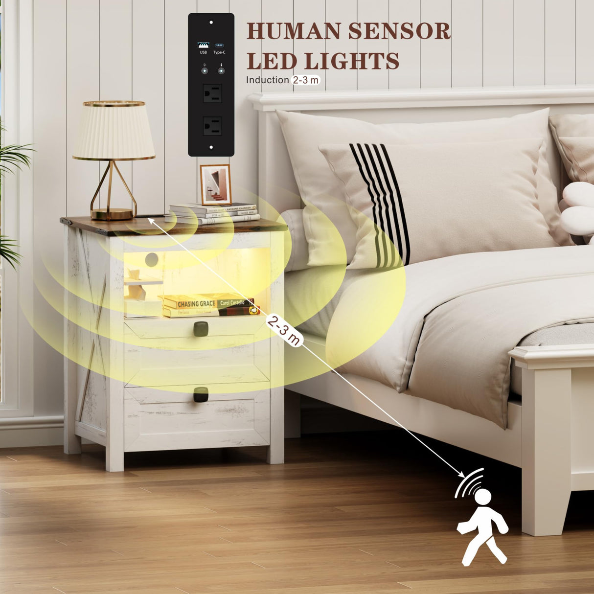 FREDEES Farmhouse Nightstand with Charging Station & Power Outlets, Smart LED Night Stand with Human Sensor 3 Color Lights&Drawers, Farmhouse End Side Table for Bedroom/Living Room, Antique White FREDEES