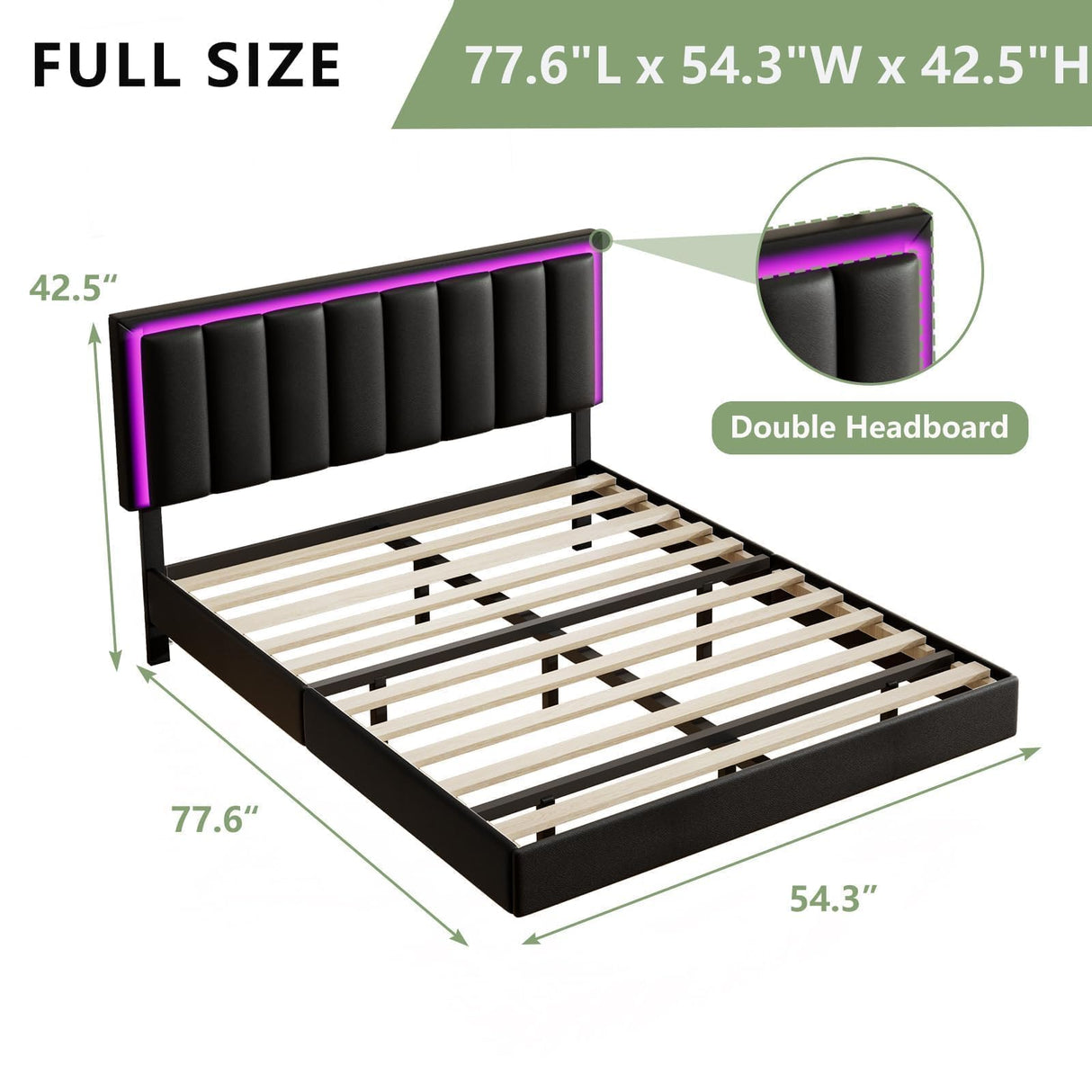 IMMERSTABLE Floating Full Bed Frame with LED Lights, Upholstered Bed Frame Full with Headboard, Solid Wood Slats Support, Full Size Bed Frame No Box Spring Needed, Noise-Free, Easy Assembly, Black IMMERSTABLE