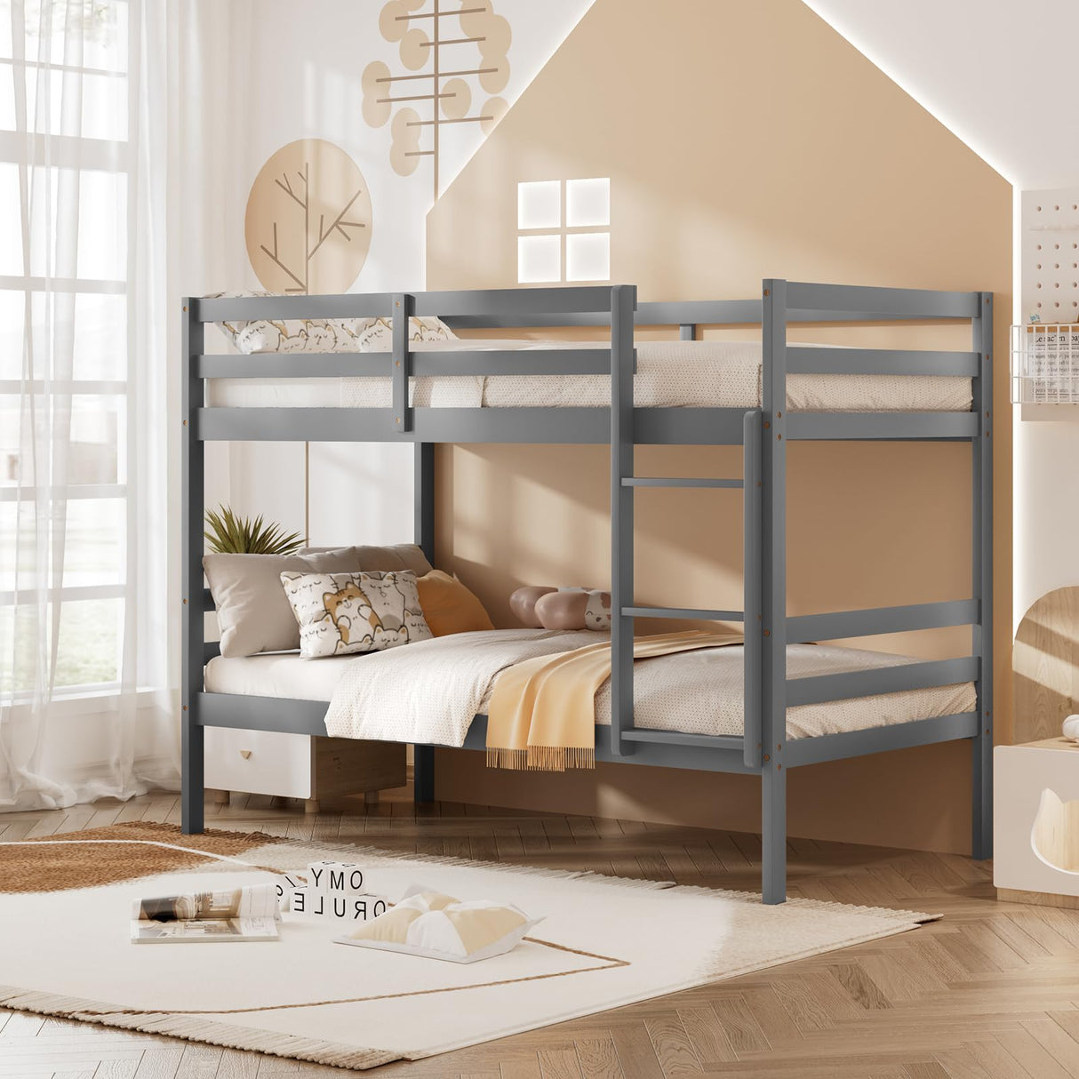 KOMFOTT Wood Bunk Bed Twin Over Twin, Bunk Bed with Ladder & Safety Guardrail, Solid Wood Bed Frame, Ideal for Dormitory & Multiple-Child Family, No Box Spring Needed, Kids Bunk Bed KOMFOTT
