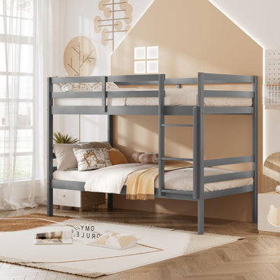 KOMFOTT Wood Bunk Bed Twin Over Twin, Bunk Bed with Ladder & Safety Guardrail, Solid Wood Bed Frame, Ideal for Dormitory & Multiple-Child Family, No Box Spring Needed, Kids Bunk Bed