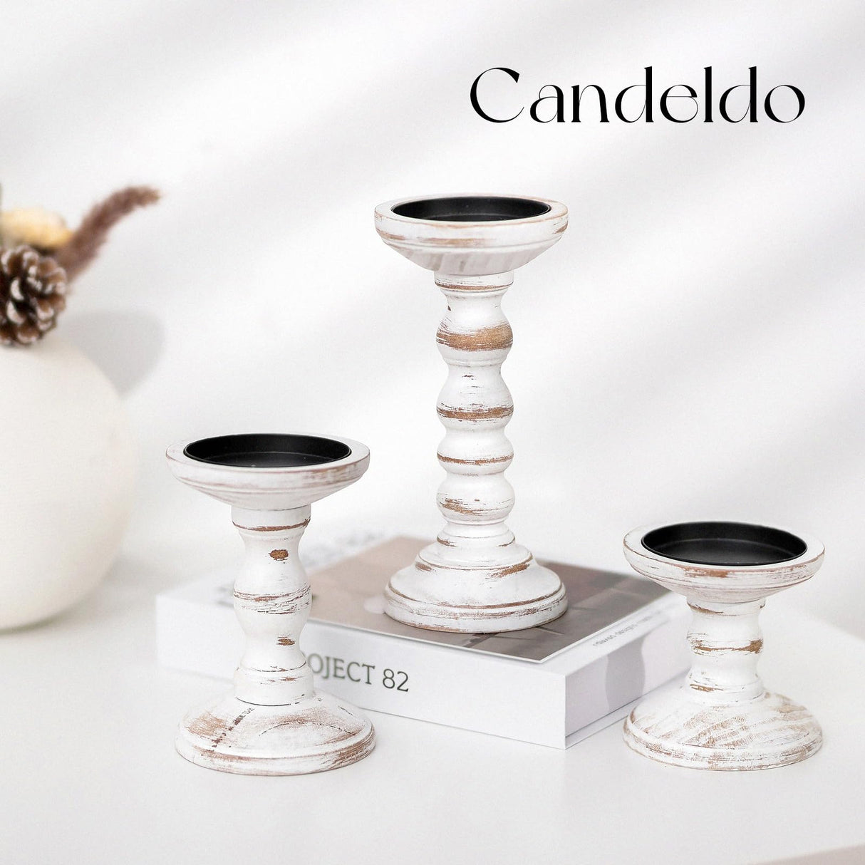 Candeldo Wood Candle Holders for Pillar: Rustic Candles Holder Set of 3 Tall Table Centerpiece Decor Wooden White Farmhouse Candle Stands for Fireplace Mantle Decorations Candeldo
