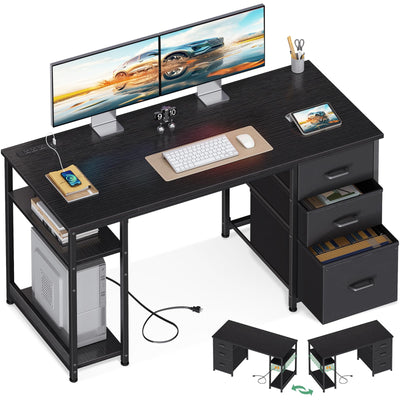 AODK 51 Inch Computer Desk with Fabric Drawers & USB Power Outlets, Reversible Home Office Desk with Storage Shelves, Work from Home, Modern Work/Writing/Study Table for Bedroom, Black