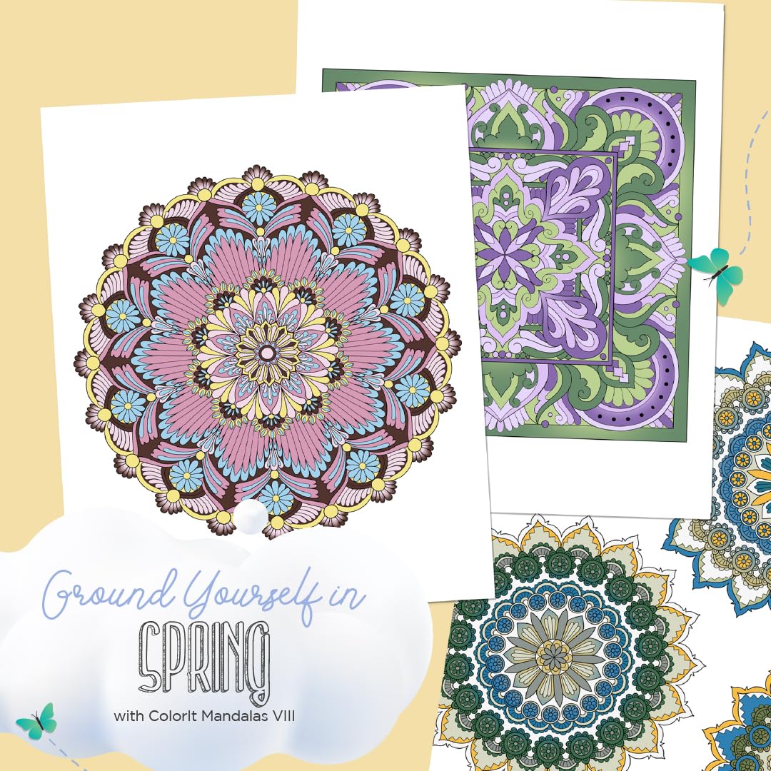 ColorIt Mandalas to Color, Volume VIII Adult Coloring Book 50 Floral and Geometric Mandala Patterns and Designs, Spiral Binding, USA Printed, Lay Flat Hardback Book Cover, Ink Blotter ColorIt