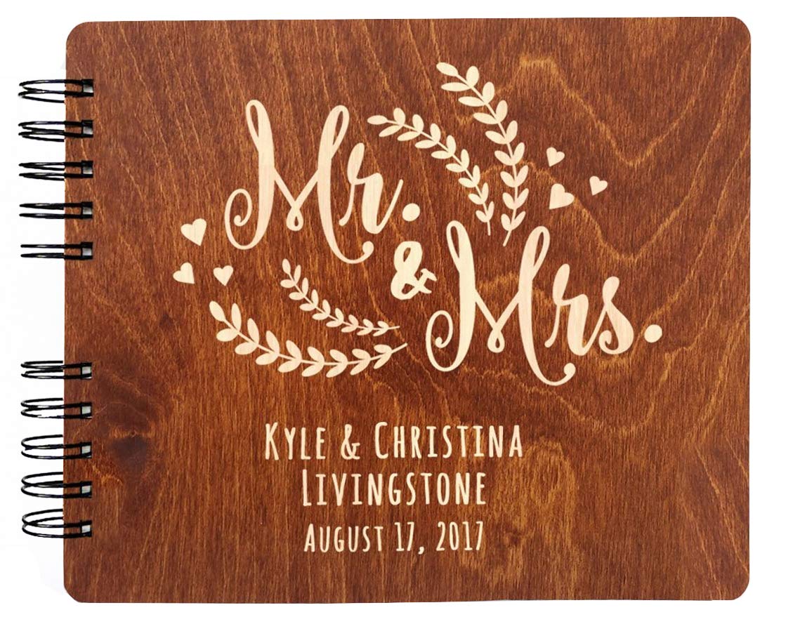 Personalized Wedding Guest Book Mr Mrs Wooden Rustic Vintage Bridal Black Mahogany Oak or Cocoa Unique Wood Hardcover Finish Options Weddings-by-StockingFactory