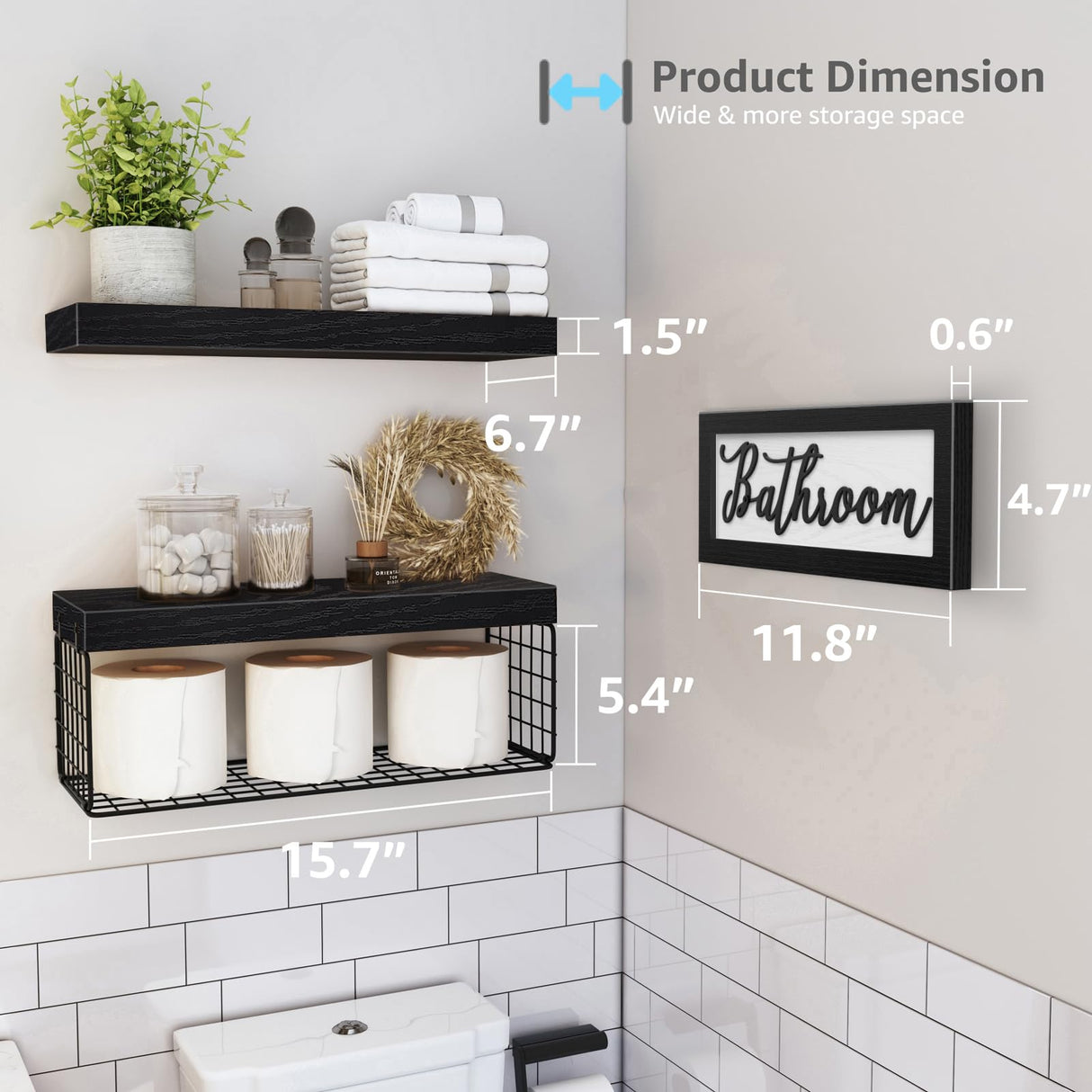 QEEIG Bathroom Shelves Over Toilet - Paper Storage Wall Mounted Farmhouse Decor Decorations Aesthetic Décor Sign Small Floating Shelf 2+1 Set 16 inch, Black (020B) QEEIG