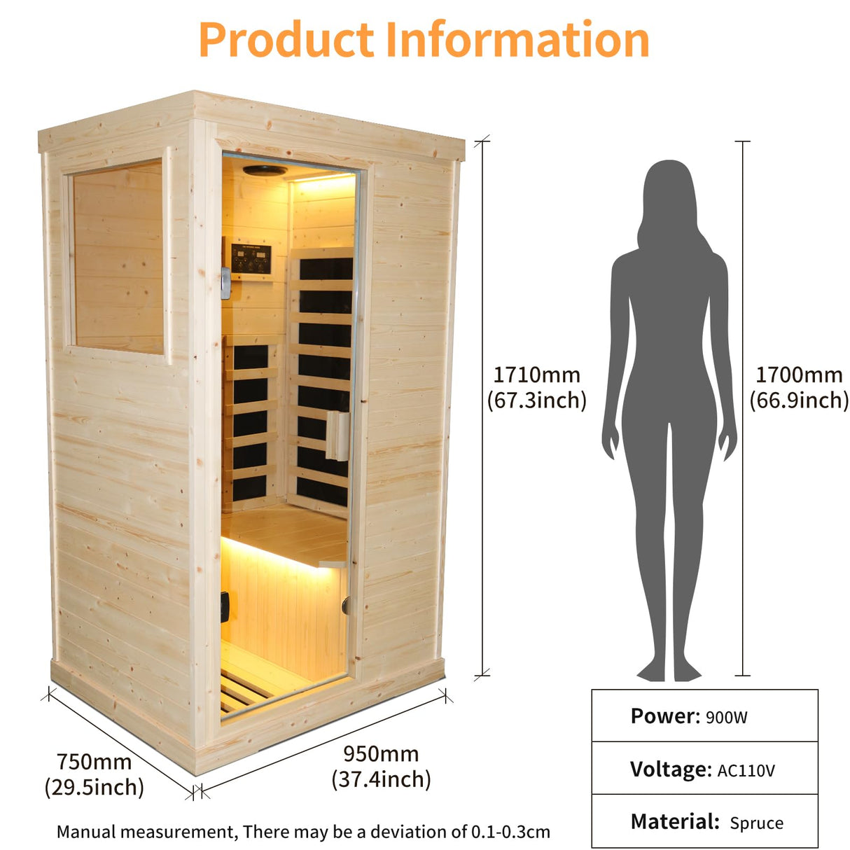 OUTEXER Far Infrared Wooden Sauna Room Home Sauna Spa Low-EMF Dry Saunas Single Person Spa Finland Spruce Wood fit for 7ft Person OUTEXER
