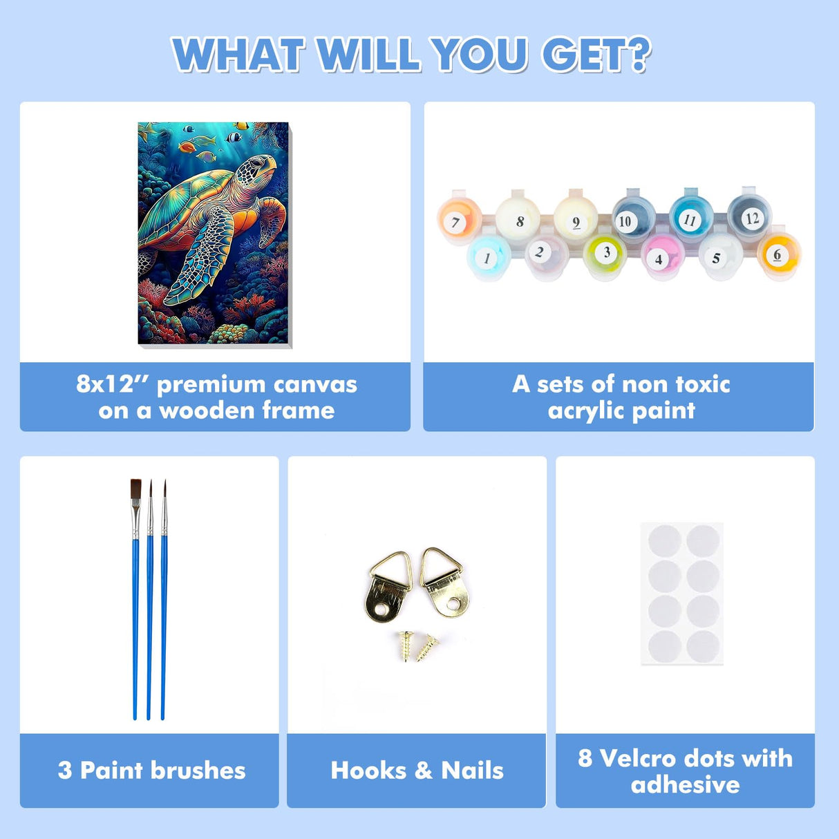 Bowetile Framed Paint by Numbers Sea Turtle for Adults Beginners, Adults' Paint-by-Number Kits, Easy Adult Paint by Number Kits on Canvas, Acrylic Animals Number Painting for Home Decor, 8x12in Bowetile