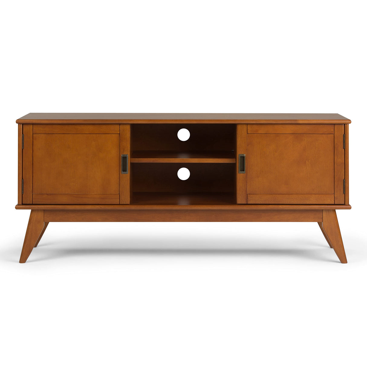 SIMPLIHOME Draper SOLID WOOD Universal TV Media Stand, 60 Inch Wide, Modern Industrial, Living Room Entertainment Center, for Flat Screen TVs up to 70 Inch in Teak Brown SIMPLIHOME