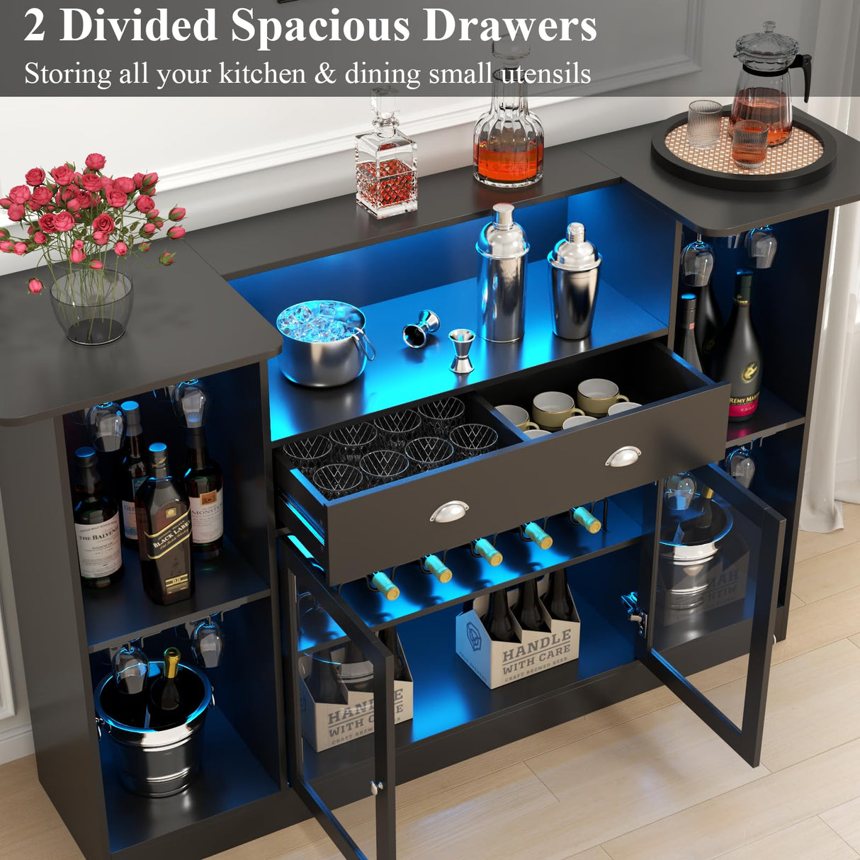 Loomie Crescent-Shaped LED Bar Cabinet with Drawer & Adjustable Wine Rack Loomie