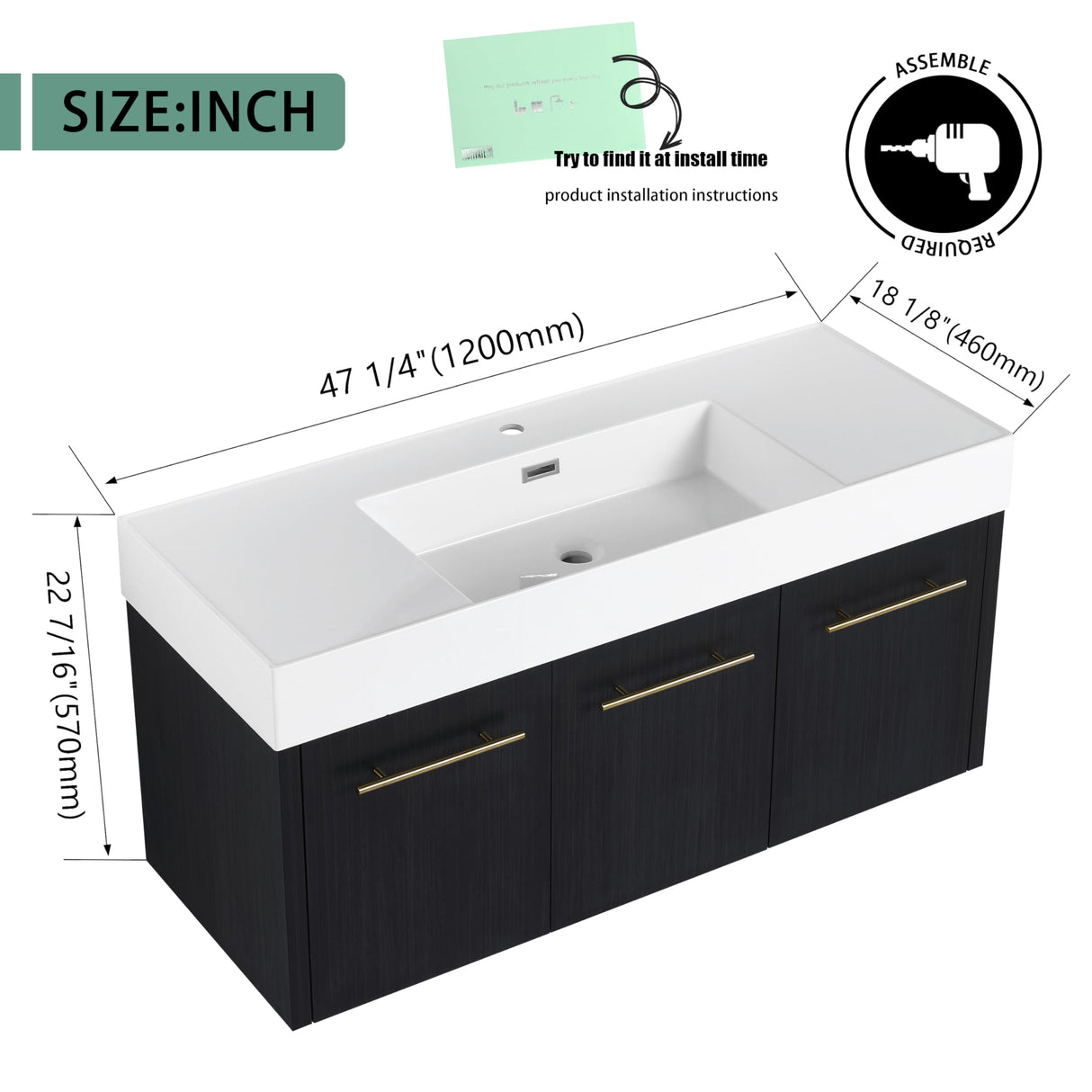 Generic 48 Inch Floating Bathroom Vanity,48"" Bathroom Vanity with Sink,Modern Single Sink Bathroom Vanity Combo,Black Wall Mounted Cabinet Set, MSJS-BVB09148BCT WoodArtSupply