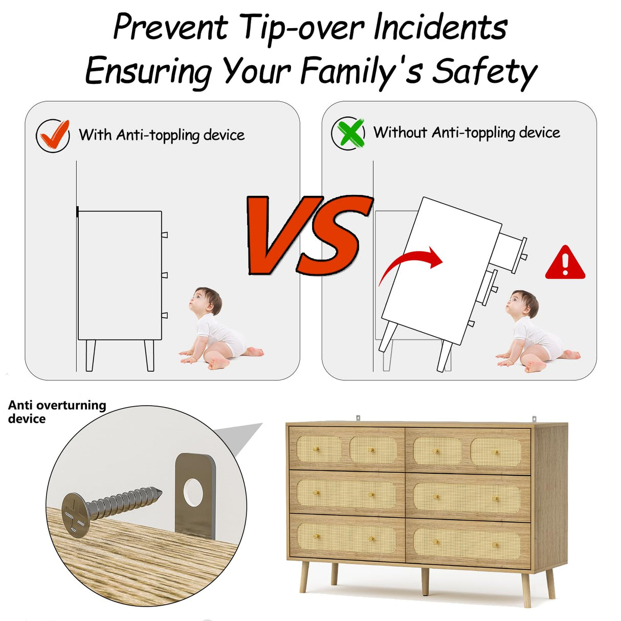 SINROM 6 Drawer Double Dresser for Bedroom, Rattan Dresser with Gold Handles, Boho Chest of Drawers with Deep Drawers for Living Room SINROM