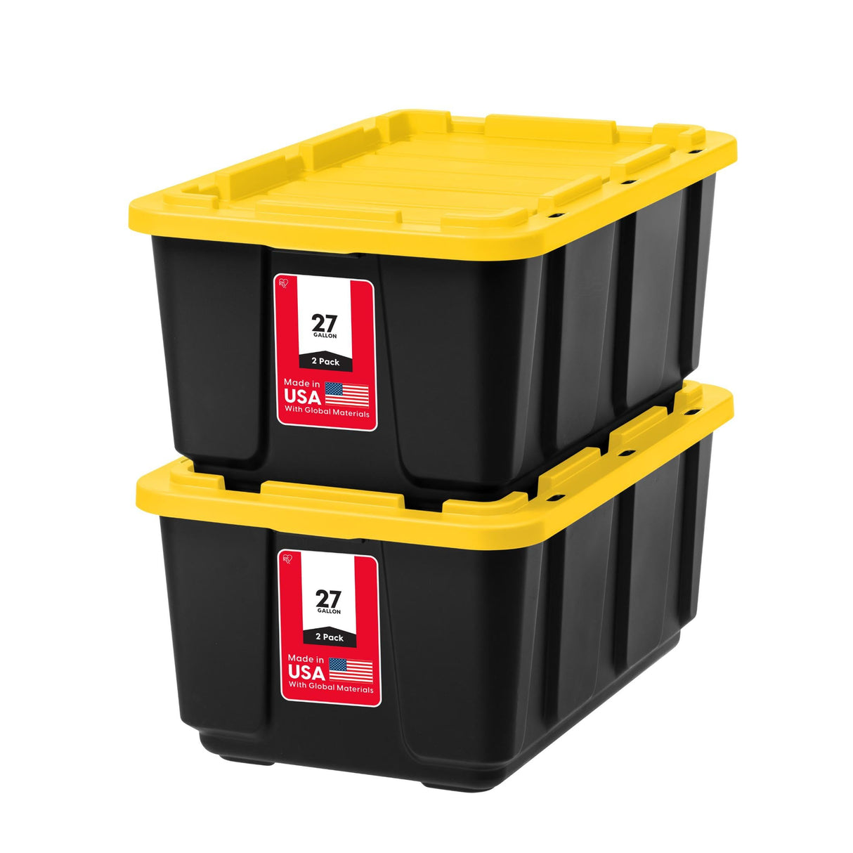 IRIS USA 27 Gallon Heavy Duty Truck Bed Toolbox Storage Tote Bins with Lids, 2 Pack - Made in USA, Tough Snap On Lockable Lid Stackable Industrial Tubs, Garage Organization Reusable Box - Black/Yellow Iris Ohyama