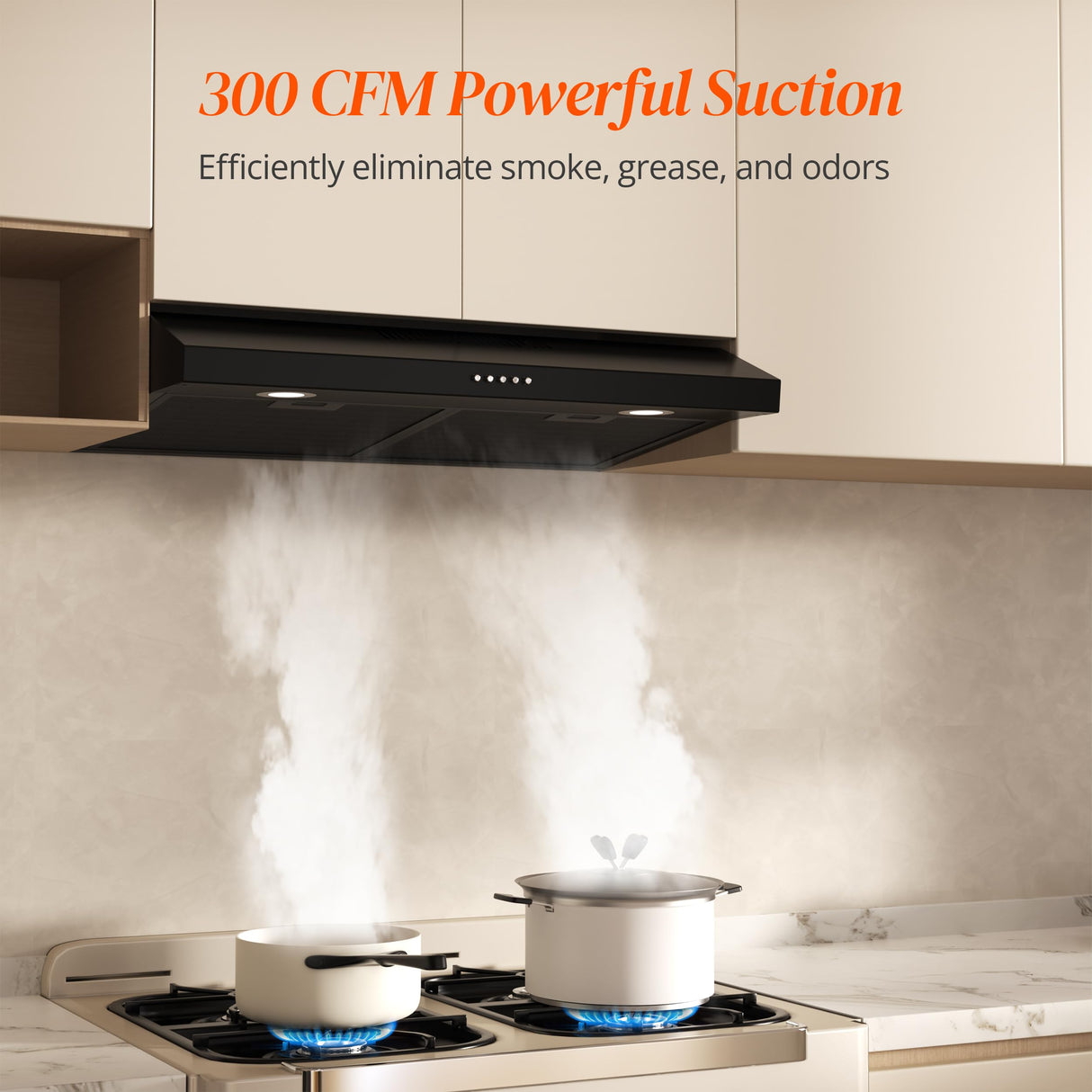 FIREGAS Black Range Hood 30 Inch Under Cabinet, Ducted/Ductless Convertible Kitchen Hood, 300 CFM, 3 Speed Exhaust Fan, Brushless DC Motor, Stove Hood Vents for Kitchen with LED Lights FIREGAS