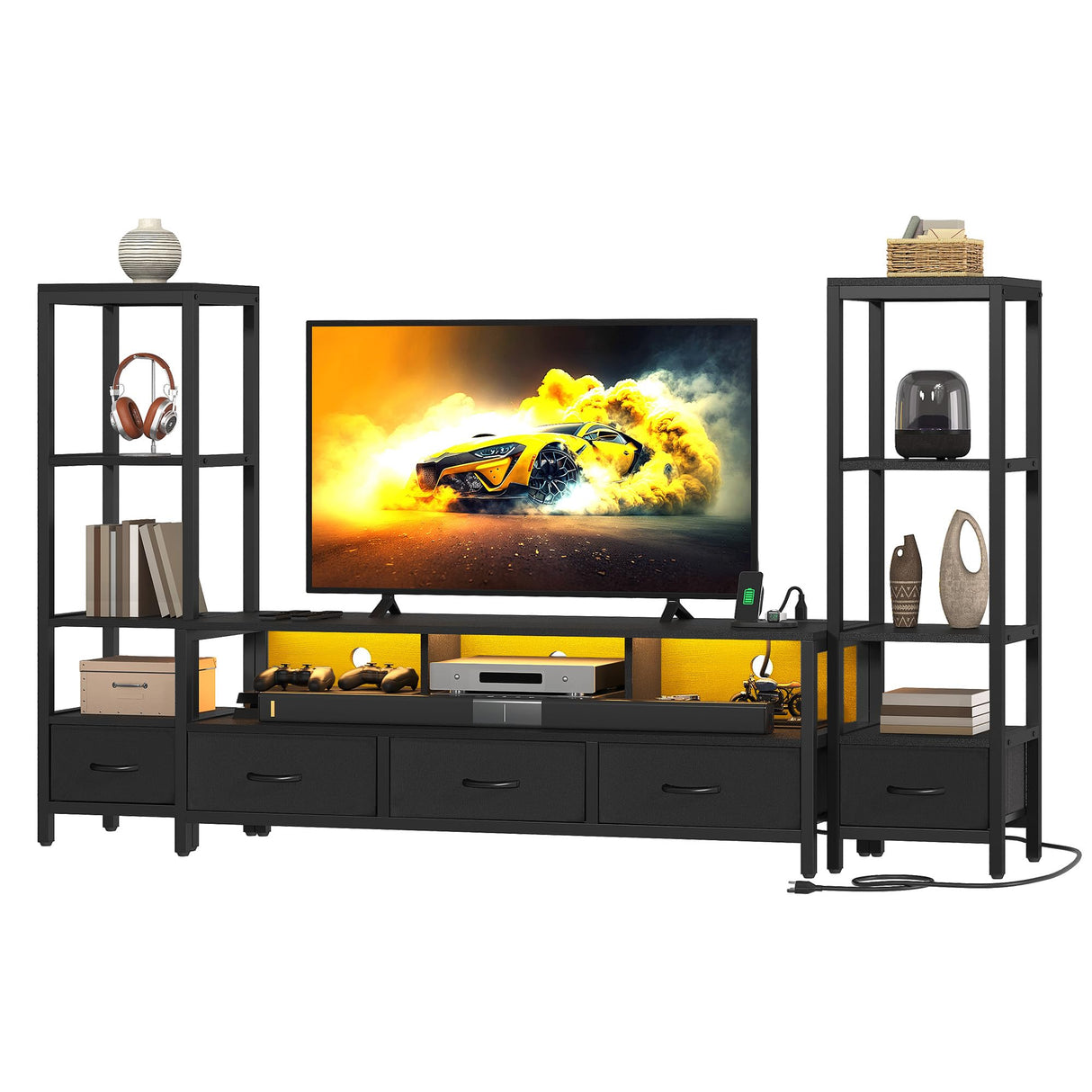 DWVO Entertainment Center with Bookshelves, LED TV Stand for 65/60 inch TV, Black TV Stand for Living Room with 2 Modern 4-Tier Bookshelves & Power Outlets, Black DWVO