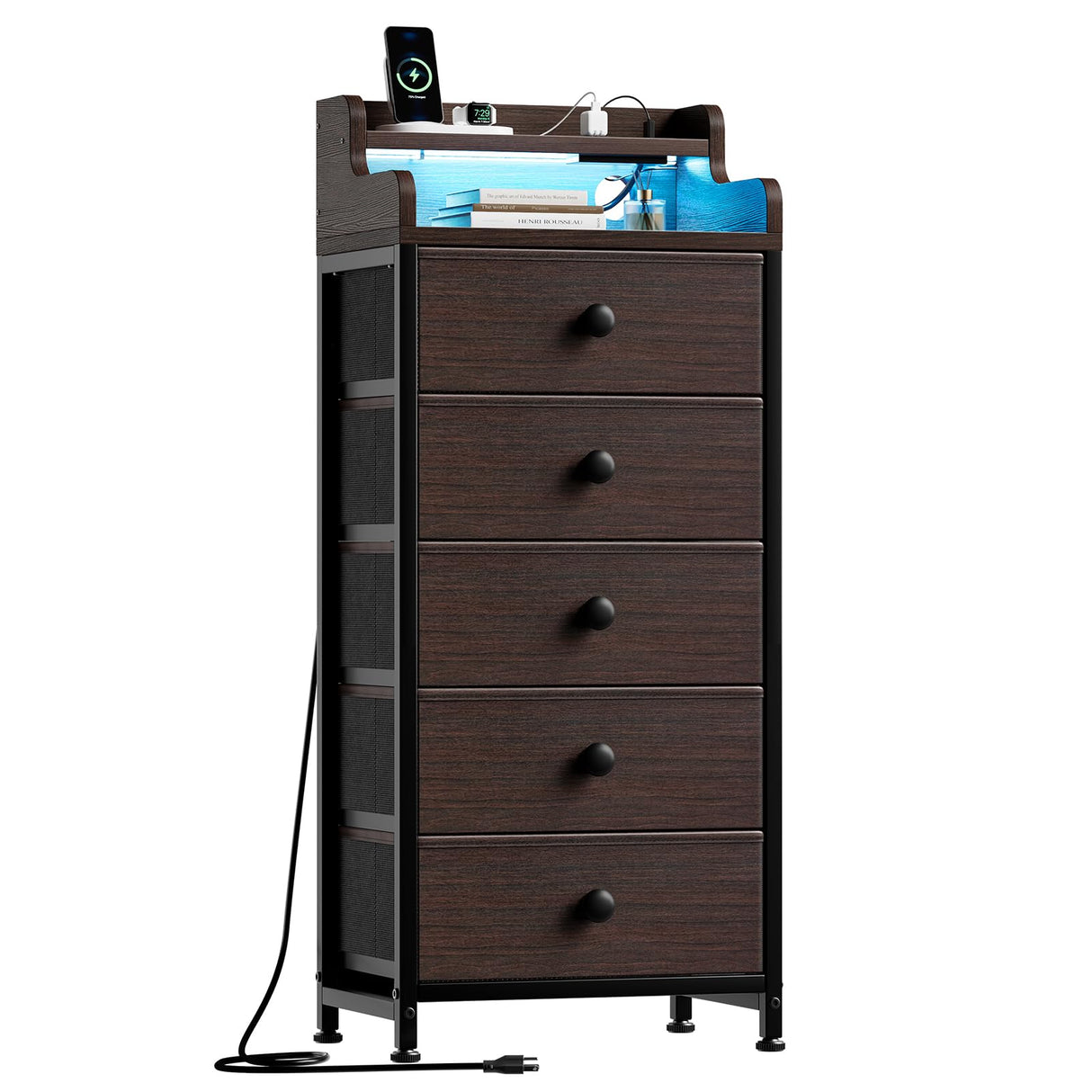 REAHOME 5 Drawer Dresser for Bedroom with Charging Station and LED Lights, Brown Chest of Drawers with Shelves, Tall Night Stand with Sturdy Steel Frame & Wood Top for Bedroom - Brown REAHOME