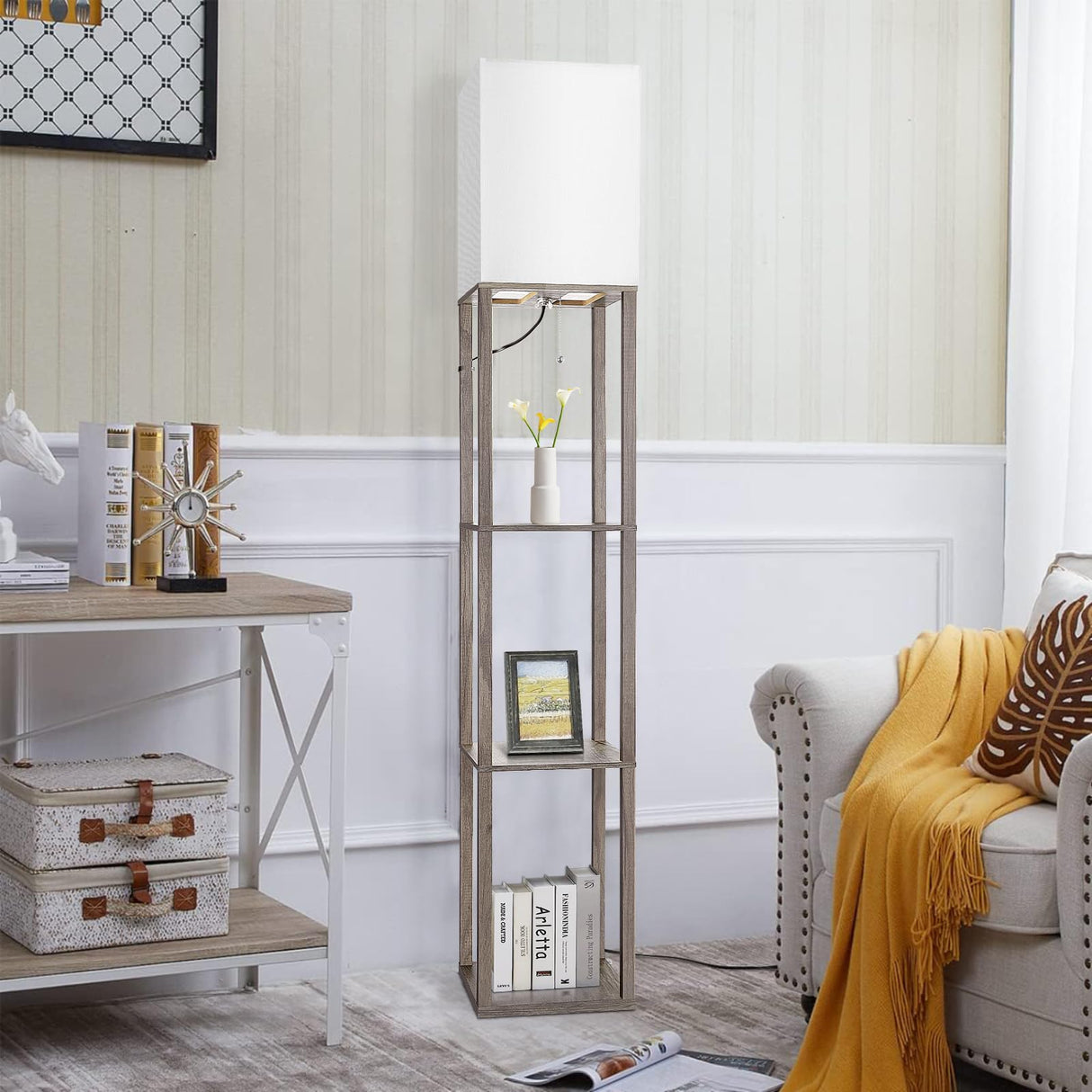 Floor Lamp with Shelves,Wood Corner Floor Lamps for living room tables with 3 CCT LED Bulb,Modern Display Bookshelf Nightstand Lamps,Column Standing Lamp for Bedroom Office Home Decor-Rustic Wood Dott Arts