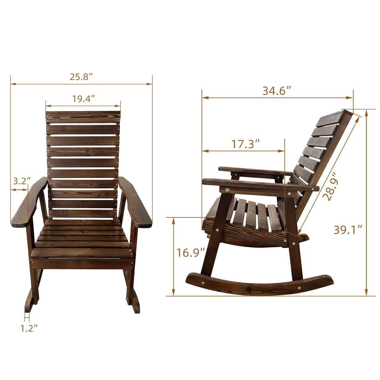 Mega Casa Wooden Rocking Chair with High Backrest and Contoured Seat, Solid Fir Wood, Heavy Duty 600 LBS, for Both Outdoor and Indoor, Backyard, Porch and Patio (Coffee) Mega Casa