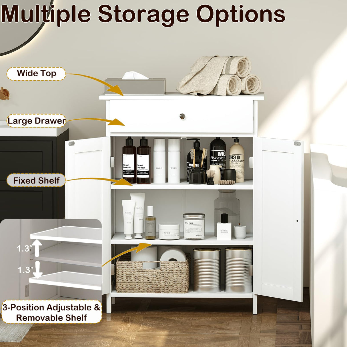Tangkula Bathroom Storage Cabinet, Freestanding Floor Organizer w/ 2 Doors, 1 Drawer & 1 Adjustable Shelf, Modern Home Bathroom Furniture for Living Room Entryway Kitchen (Cabinet & Drawer, White) Tangkula