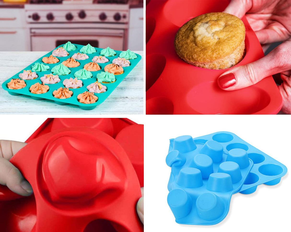 Mini Muffin &Cupcake Set, 24 Cups 2-Pieces, Nonstick Silicone Baking Pan, BPA Free and Dishwasher Safe, Great for Making Muffin Cakes, Tart, Bread (24 Cups Red,2 PCS) JEWOSTER