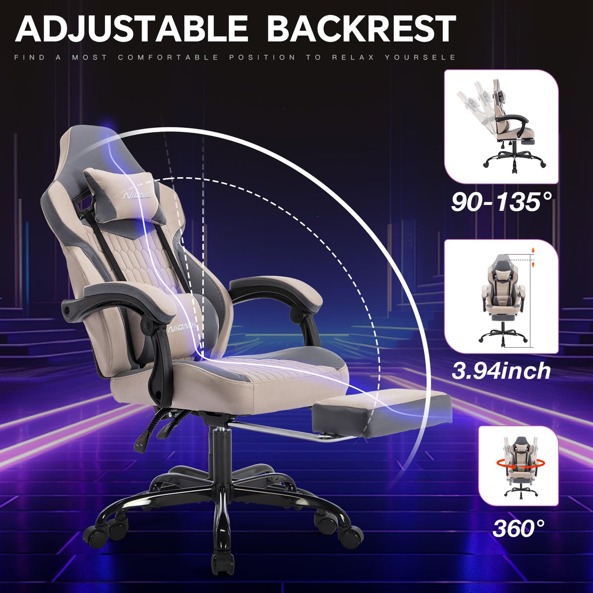 Gaming Chair,Ergonomic Computer Chair,Racing Style Gaming Chair with Massage Waist Pillow and Headrest, Height Adjustable PVC Leather Video Gaming Chair for Office/Home, Beige NIONIK
