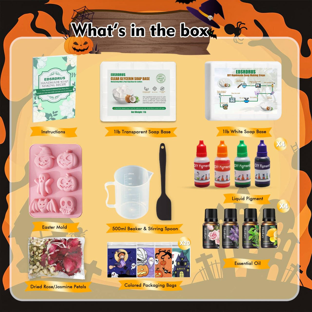 EDSRRDRUS Halloween Soap Making Kit for Adults - 2lbs Glycerin Melt & Pour Soap Base, Essential Oils, Dyes, Halloween Pumpkin Skull Bat Molds & Complete Soap Making Supplies EDSRDRUS